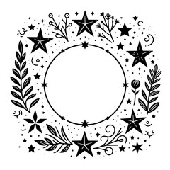 Celestial Wreath Illustration: Stars, Leaves & Circle Frame, Monochromatic