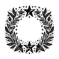 Black and White Star & Leaf Wreath: Vector Illustration