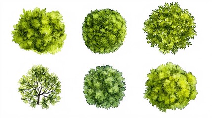 detailed watercolor trees viewed from above for architectural plans