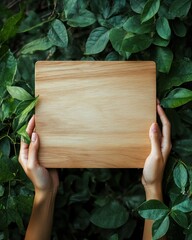 Empty wooden board held by hands amidst lush greenery
