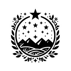 Mountain Star Badge Illustration: Black & White, Minimalist, Nature Design.