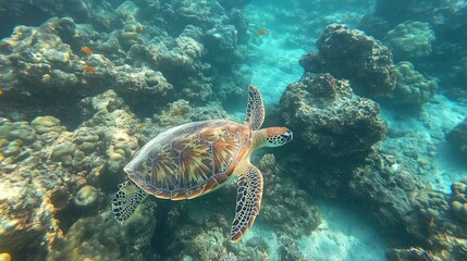 Obraz premium Majestic sea turtle gliding through a vibrant coral reef ecosystem beneath the waves