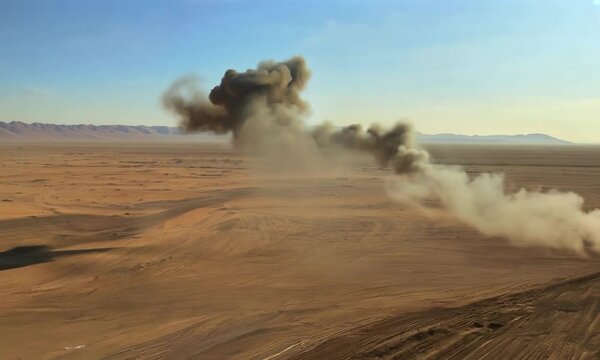 A large pipe in the middle of a desert with a lot of smoke coming out of it