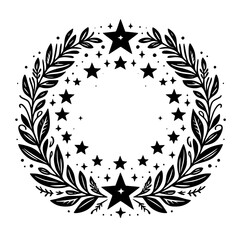 Black & White Star & Foliage Wreath Illustration