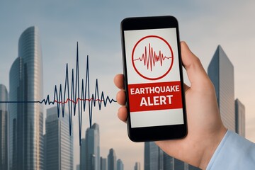 Earthquake Alert, smart Earthquake Detection. A person receives an earthquake alert on a smartphone in a modern skyscraper setting.