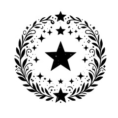 Celestial Star Wreath: Black & White Boho Emblem, Nature-Inspired Illustration