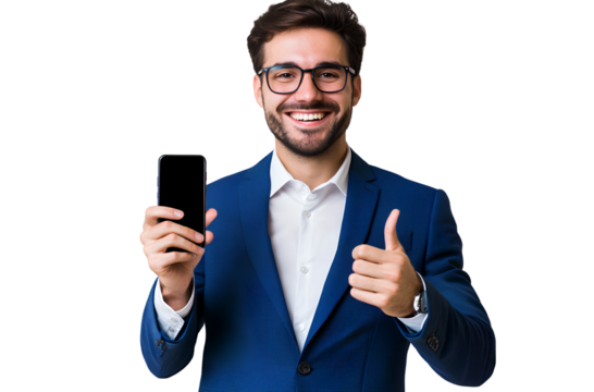 A smiling young businessman in a blue suit and glasses, holding a smartphone with a black screen and pointing at it, isolated on a transparent background 
