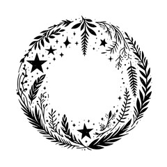 Fototapeta premium Celestial Botanical Wreath: Black and White Illustration