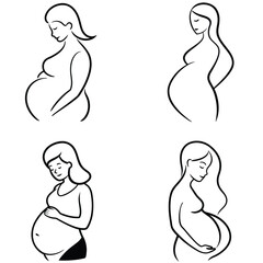 Set of Line Art Drawing of a Pregnant Woman Cradling Her Belly illustration