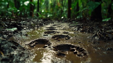 Obraz premium Muddy path through rainforest. Footprints in the wet, dark soil