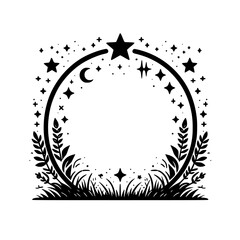 Celestial Nature Frame: Black and White Illustration