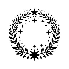 Celestial Laurel Wreath Illustration - Vector, Black & White, Decorative Frame