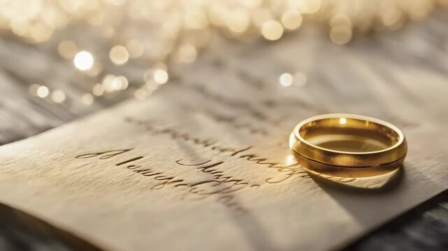 Wedding ring glinting on delicate ivory invitation, soft lighting casting ethereal bokeh, representing eternal marital devotion and passionate connection
