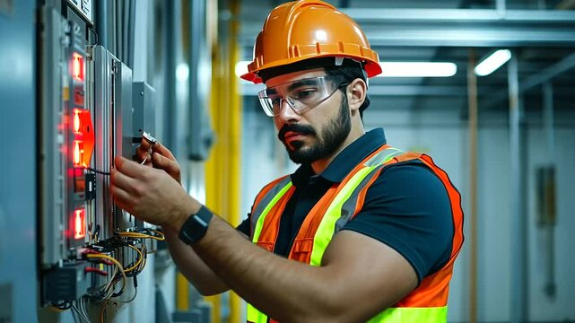 A safety officer reviews an electrical panel with thermal imaging equipment, red and orange heat signatures visible on the screen, surrounded by conduits and warning labels