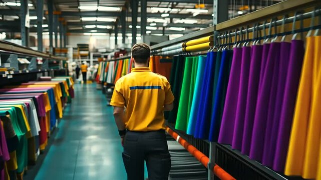 At a textile factory, the safety officer checks fire extinguishers and fire exits while colorful fabrics hang from overhead rails, workers operating weaving machines in the backgro