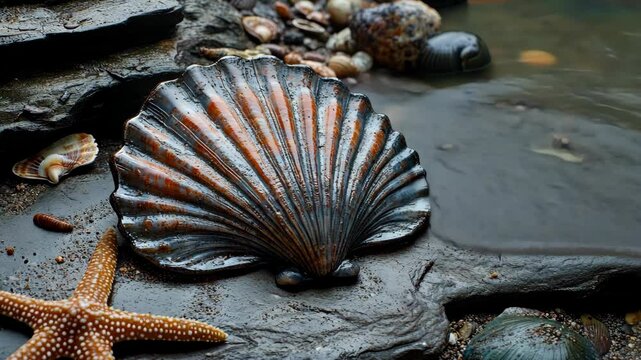 Scenic coastal rock formation featuring a large shell and starfish beside calm water