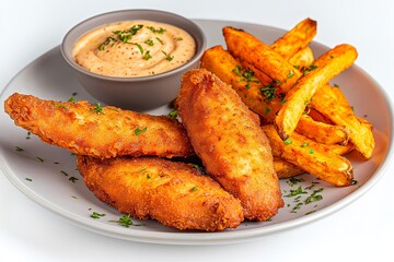 Fototapeta premium Gourmet Fried Chicken Tenders with Truffle Aioli and Sweet Potato Fries, Fine Dining Plate, Elegant Food Presentation, Modern Culinary Styling, High-End Dish, Fresh Herbs, Natural Lighting