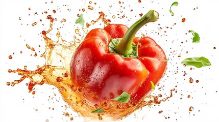 Red Bell Pepper Dipping Splendidly into a Zesty Spicy Sauce Splash