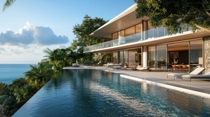 Fototapeta premium Spectacular oceanfront villa, with infinity pool, blending seamlessly with tropical paradise