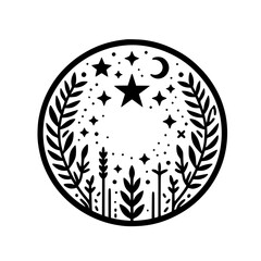Celestial Nature Circle Logo: Stars, Moon, & Foliage, Black & White Design
