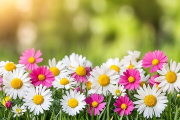 Obraz premium Large expansive field of colorful wildflowers under a bright blue sky on a sunny day