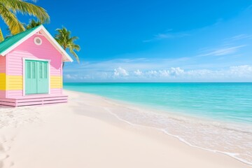 Obraz premium Exotic Beach with Golden Sand Dunes, Sea Oats, and Colorful Beach Shack Between Coconut Trees, Crystal-Clear Ocean, Serene Coastal Landscape, Tropical Paradise