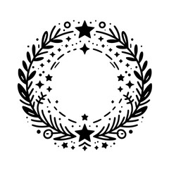 Black & White Starry Floral Wreath: Minimalist Illustration