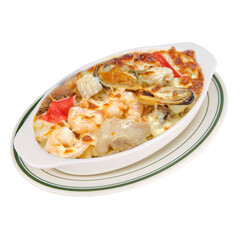 Hong Kong-style seafood baked rice with mixed seafood, melted cheese topping, and baked to golden perfection, served in a ceramic dish