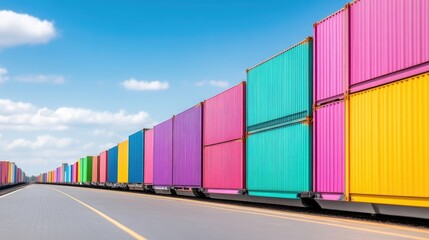 Colorful cargo train on highway
