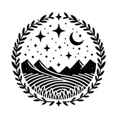 Black and White Celestial Landscape in Laurel Wreath