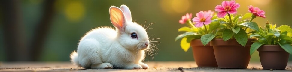 Obraz premium Fluffy bunny rests beside vibrant flowering potted plant , still life, cute bunny, leaves