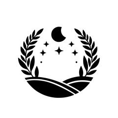 Minimalist Nightscape: Crescent Moon, Stars, and Laurel Wreath Icon