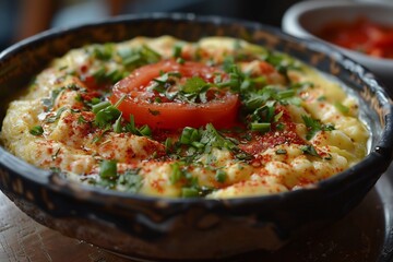 Anda Bhurji gourmet style scramble with chili curls, tomato cube garnish and