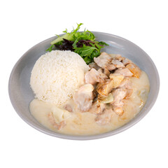 Hong Kong-style creamy chicken with white sauce, served with steamed rice and fresh greens, capturing classic cha chaan teng comfort