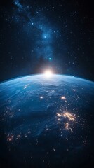 Obraz premium Earthrise over night cityscape with Milky Way.