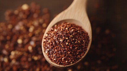 Close-up of a wooden spoon filled with rich, deep red smoked paprika