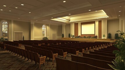 Empty auditorium, rows of benches facing stage with screen, serene atmosphere