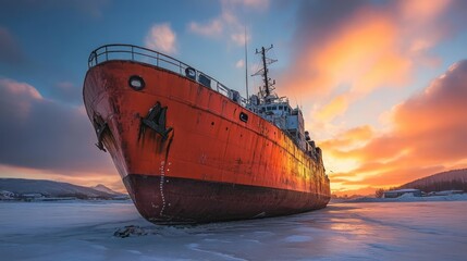 A large red vessel beached on a frozen winter landscape
