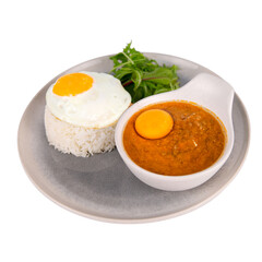 Hong Kong-style minced beef curry with fried egg and steamed rice, served with fresh greens, a spicy and hearty tea restaurant dish