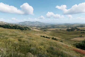 Obraz premium Serene and beautiful landscape featuring a few colorful flowers amidst lush greenery and hills