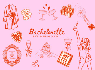 Set of hand drawn Bachelorette Pyjama party doodle icons, Pyjamas and Prosecco Hen Party illustrations, Whimsical Bachelorette vector collection for T-shirts, invitations and web icons