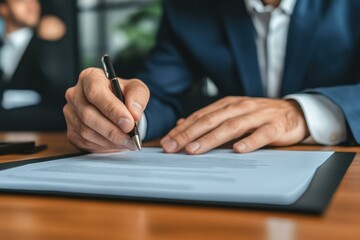 Businessman's Hand Signing Contract with Pen, Office Workplace, Executive Agreement, Formal, Approval, Negotiation