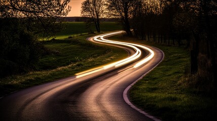 Fototapeta premium A winding country road with passing car light trails