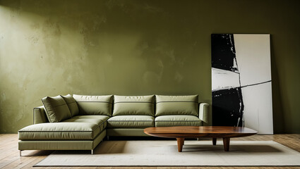 Serene olive green sectional sofa in a minimalist living room, complemented by an abstract black and white artwork and a rich wooden coffee table, bathed in soft natural light.