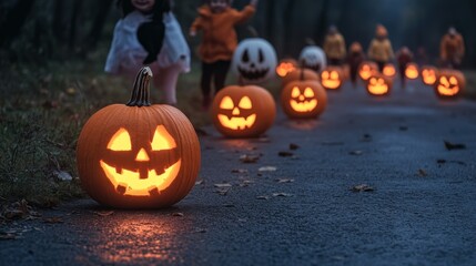 Spooky Halloween Night: Jack-o'-lanterns Light Up the Path