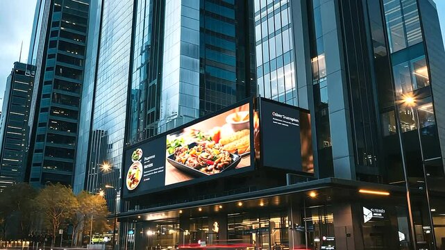 A bold urban restaurant billboard template stretched across a city block, showcasing clean typography and modern food imagery, surrounded by concrete buildings and soft glowing str