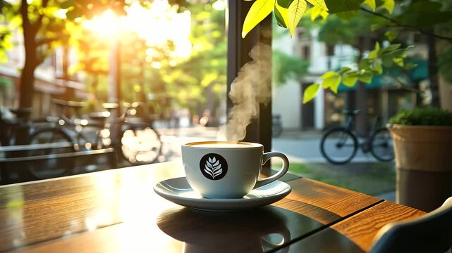 A bright, sunny morning scene with a stylish café window mockup, latte art graphics and promotional text displayed on the glass, leafy trees and city bikers reflected in the polish