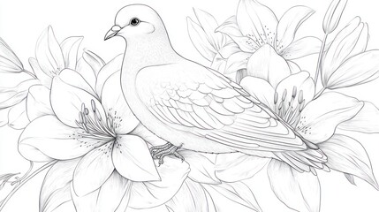 Fototapeta premium Pigeon and Lilies, Black and White, Illustration, Decorative, Coloring Book, Background, Art, Print