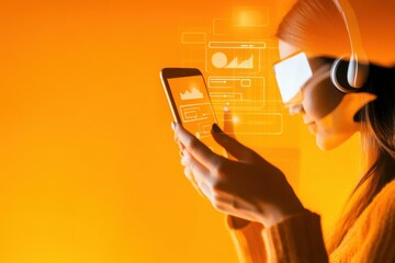 Immersive Tech: Woman Engaged with Virtual Reality Interface on Mobile Device