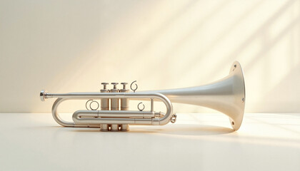 Obraz premium Silver trumpet against a soft light background 